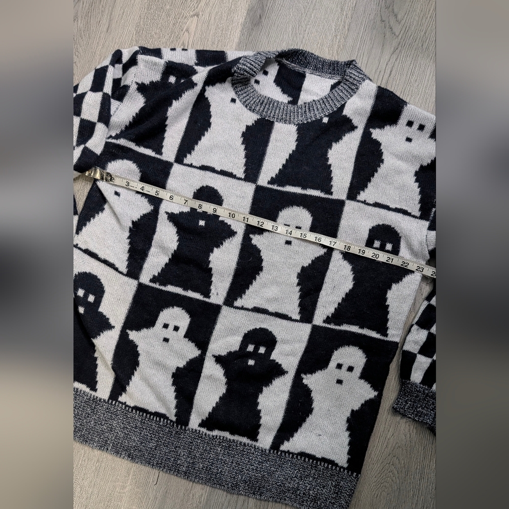 Ghost Checkerboard Sweater Black White Spooky Goth Halloween Knit Large - Picture 7 of 13
